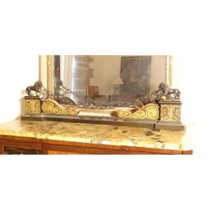 Empire Style Bronze And Gilt Fireplace Mantel With Medici Lions And Chain, 19th Century