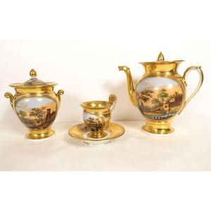 Louis-philippe Style Paris Porcelain Coffee Service With Landscaped Teapot, 19th Century