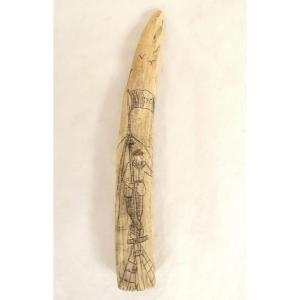 Scrimshaw, Walrus Tooth, Ivory, Marine Engraving, Fishing, Sperm Whale, Anchor, Fisherman, 19th Century