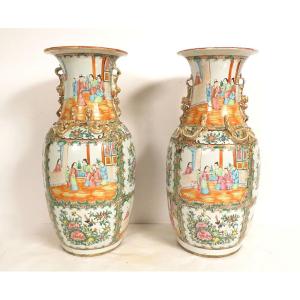 Paire grands vases porcelaine chinoise Canton personnages oiseaux Chine 19è 