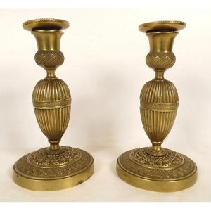 Pair Of Small Louis XVI Style Gilt Bronze Candlesticks With Grape Flowers, 19th Century