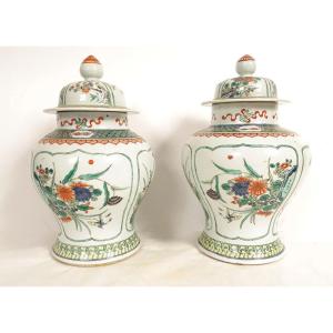 Paire pots couverts potiches porcelaine chinoise famille verte fleurs XIXè