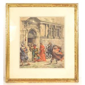 Framed Watercolor By Albert Morand, Cardinal Richelieu, Musketeers, 19th Century