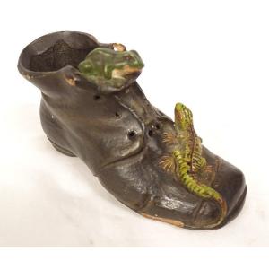 Petite sculpture chaussure soulier grenouille lézard terre cuite XIXème