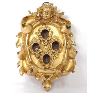Cadre reliquaire bois sculpté doré tête angelot XVIIIème siècle