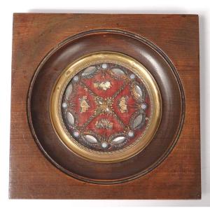 Reliquaire cadre bois Saints cabochons nacre fleurs XIXè