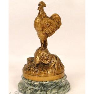 Sculpture bronze doré marbre combat coqs Dominique Alonzo XIXème