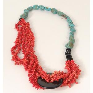 Necklace Red Coral Turquoise Glass Beads Contemporary Design XXth Century