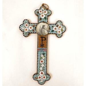 Croix micro-mosaïque fleurs Christ Grand Tour Italie Rome laiton XIXème