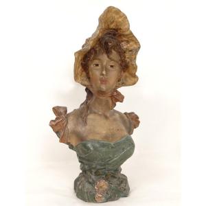 Sculpture buste terre cuite polychrome Pablo Rigual jeune femme fleurs XIXè
