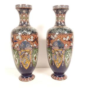 Paire vases amphores émaux cloisonnés Nagoya Japon Meiji dragons fin XIXème
