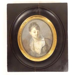 Miniature sur papier portrait jeune femme assoupie cadre bois XIXème siècle