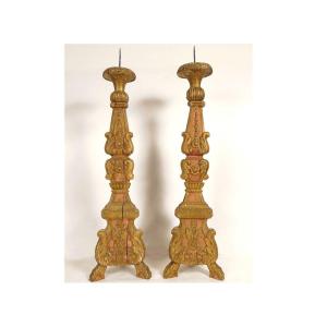Pair Of Large Candle-holders Church Wood Carved Gilded Flowers 18th Century
