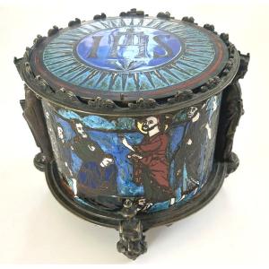 Pyxis Host Box Bronze Cloisonné Enamel Limoges Bible Figures 19th Century