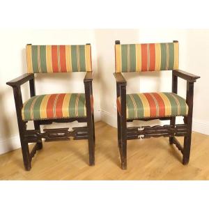 Pair Of Spanish Armchairs, Carved Oak, Haute Epoque, 17th Century