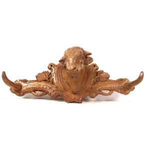 Porte-chapeaux porte-manteaux sculpture bois Black Forest tête bœuf XIXème