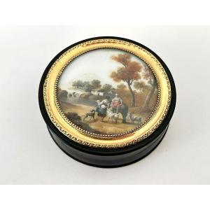 Miniature Round Tortoiseshell Box With A Romantic 19th-century Landscape Scene Featuring Shepherdesses And A Waterfall
