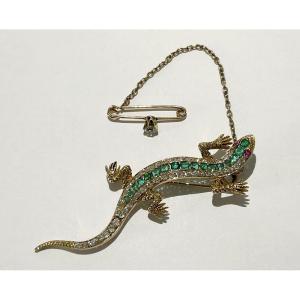 Broche victorienne lézard salamandre or 14K diamants émeraudes rubis XIXè