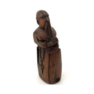 Erotic, Risqué Snuff Box, Carved Wood, Depicting A Praying Monk; 19th-century Folk Art