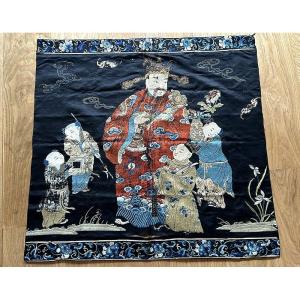 Chinese Embroidery On Silk Fabric Depicting A Mandarin Figure, Children's Piece, China, 19th Century