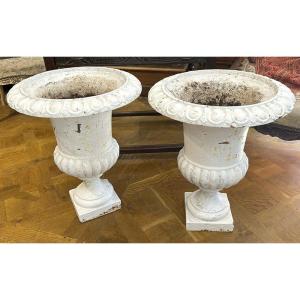 Pair Of Medici-style Cast-iron Vases, Painted, Garden Basins, 19th Century