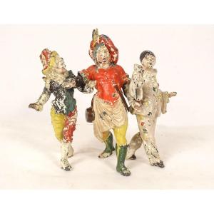 Small Group Sculpture Of Carnival Characters (pierrot), Polychrome Lead, 19th Century