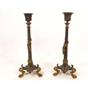 Paire bougeoirs bronze doré lézards salamandre Barbedienne Napoléon III 19è