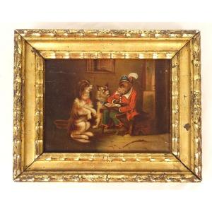 Small Hsp Painting, Scene, Humor, Trained Monkey, Dogs, Gilded Frame, 19th Century