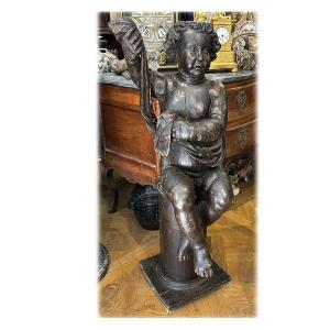 Large 17th-century Baroque Wooden Sculpture Of A Putto Cherub, Altarpiece Element