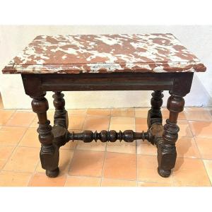 Small Louis XIII-style Kitchen Table, Carved Walnut With Crimson Marble, 17th Century