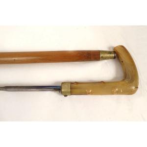 Sword Cane With Damascened Toledo Blade, Horn Pommel, And Wooden Shaft, 19th Century
