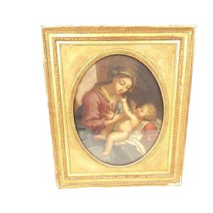 Hst Oval Painting Of The Virgin And Child, Madonna, In A Gilded Frame, Late 18th Century