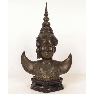 Sculpture buste bronze danseuse Apsara Vietnam Indochine école Bien Hoa XXè