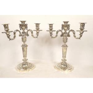 Pair Of 3-light Louis XVI Candelabras, Silver-plated Metal, 40 Cm, 18th Century