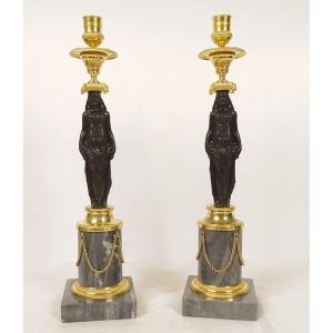 Paire bougeoirs bronze cariatides femmes Retour Egypte Consulat marbre XIXè