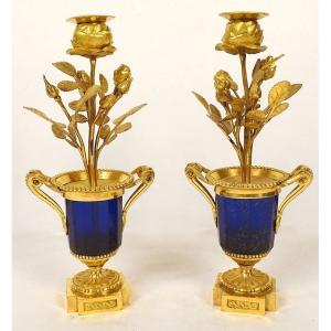 Pair Of Louis XVI Candlesticks With Blue Crystal Vases, Gilded Bronze, And Pink Flowers, 18th Century
