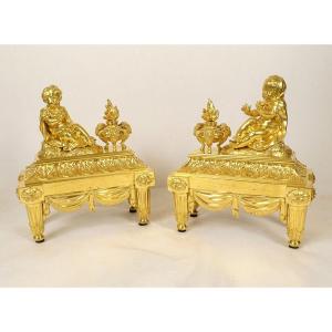 Pair Of Gilded Bronze Louis XVI Andirons With Ram Figures, Acanthus Leaves, And Drapery, 18th Century
