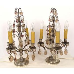Paire girandoles 4 feux bronze argenté pampilles cristal couleur fruits 19è