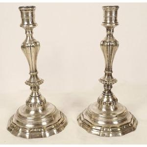 Pair Of Regency-style Candlesticks In Silver-plated Metal, Crafted By A Silversmith In The Early 20th Century