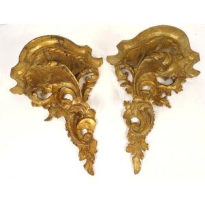 Paire consoles d'applique murales italiennes bois sculpté doré XXème siècle