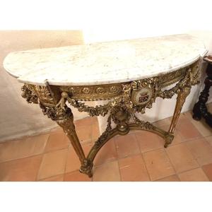 19th-century Louis XVI Half-moon Console Table, Gilded Wood, With Coat Of Arms, Crest, And Floral Motifs, And Marble Inlay