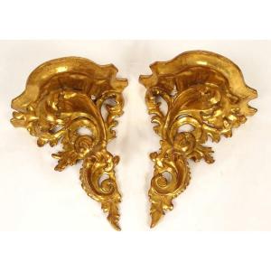 Paire consoles d'applique murales bois sculpté doré Italie feuillage XXème