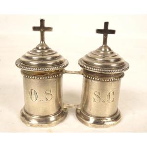 Paire ampoules huile sainte catéchumène Chrême argent massif Demarquet XIXè