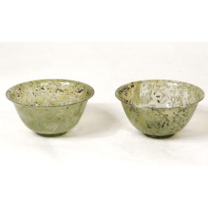 Pair Of Small Nephrite Jade Bowls, China, 19th Century