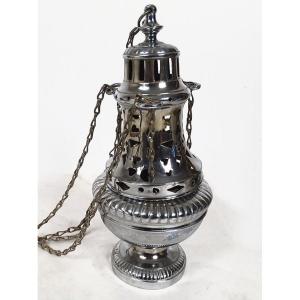Silver-plated Bronze Church Censer With Hanging Chains, 19th Century
