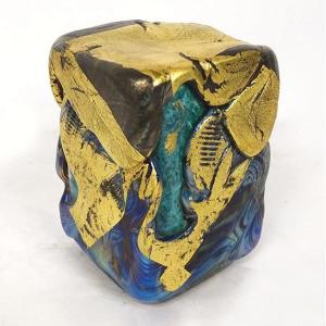 Compression sculpture presse-papier Jean-Claude Novaro verre feuilles d'or