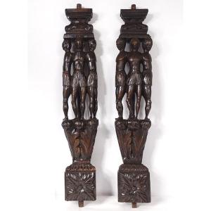 Pair Of 17th-century High Period Sculptures Made Of Carved Wood, Featuring Indigenous Motifs