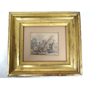 Small Watercolor By Robert Léopold Leprince Depicting A Rural Scene With A Donkey Resting, 19th Century