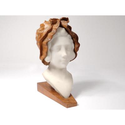 Sculpture Tête Jeune Femme Marbre Carrare Bois Sculpté Hollande XIXème