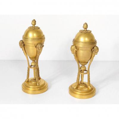 Paire Cassolettes Bougeoirs Bronze Doré Béliers Napoléon III XIXème